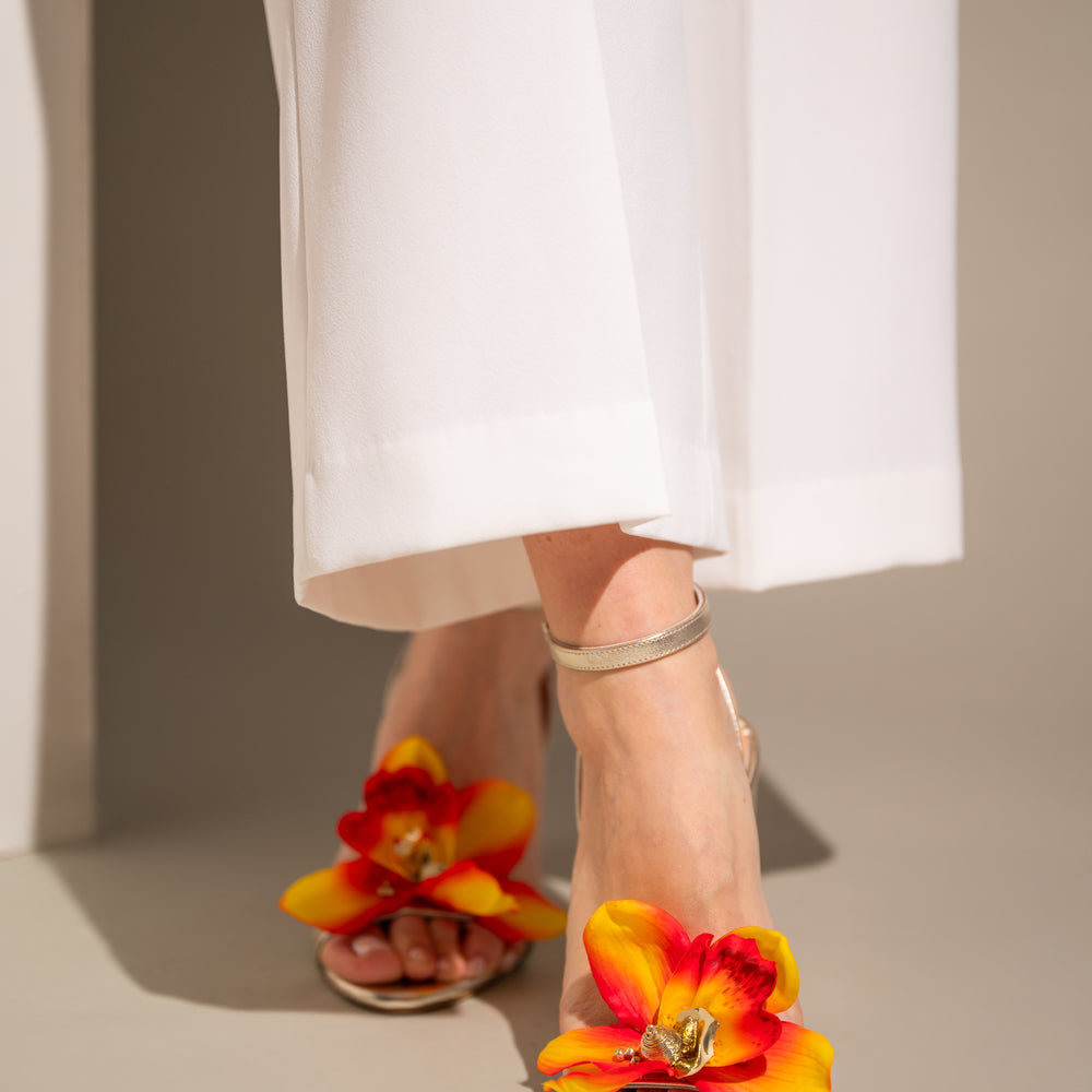 
                  
                    Gold Leather Block Heels with Flower, Orchid
                  
                