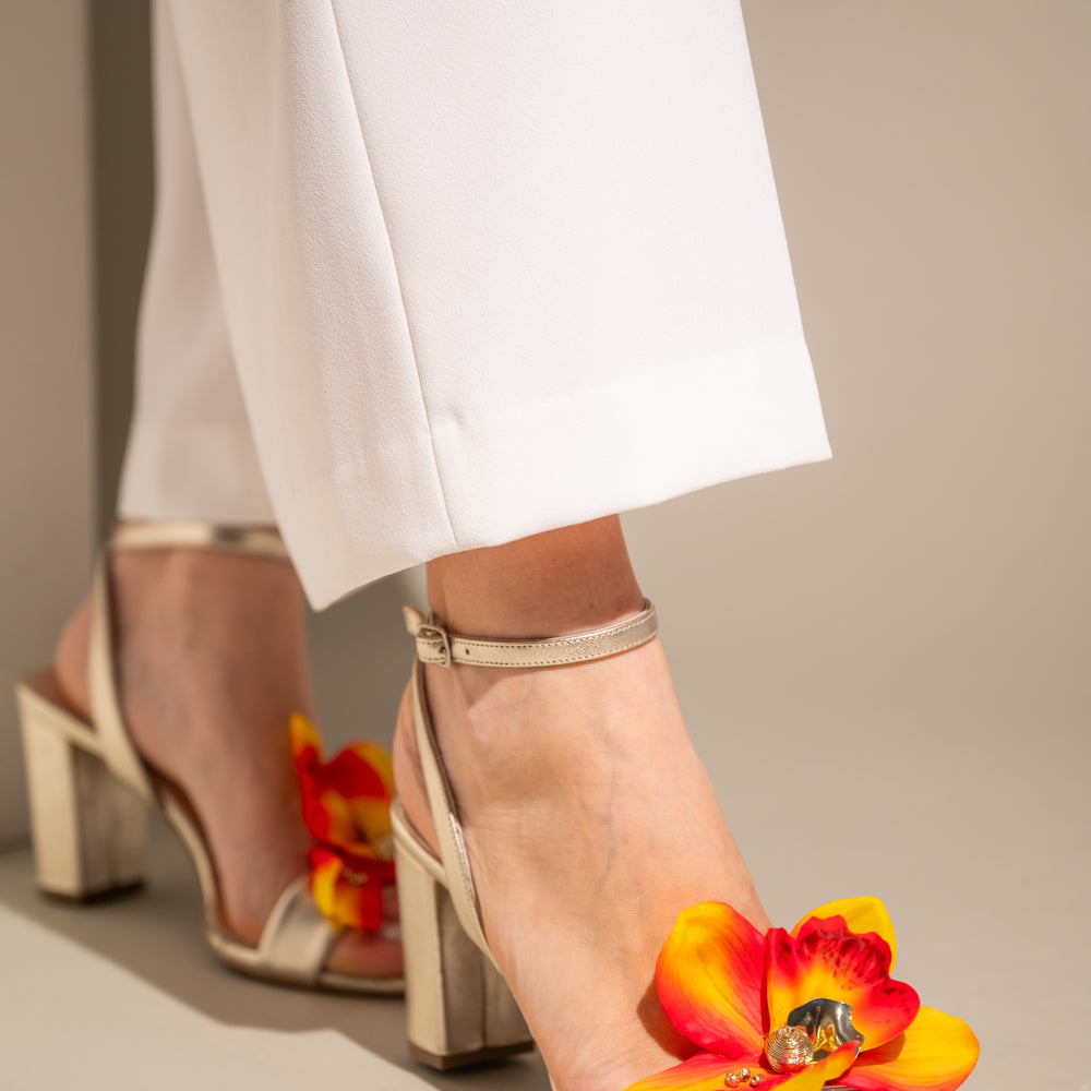 
                  
                    Gold Leather Block Heels with Flower, Orchid
                  
                