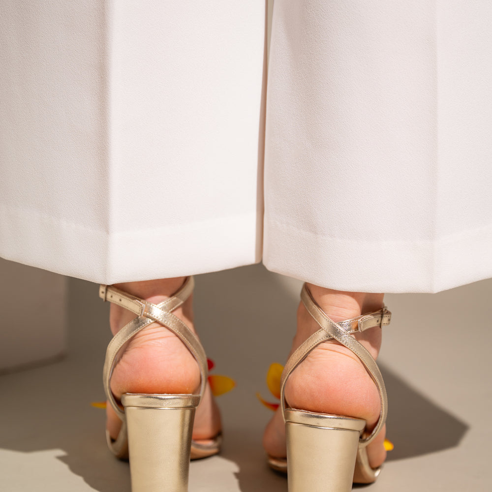 
                  
                    Gold Leather Block Heels with Flower, Orchid
                  
                