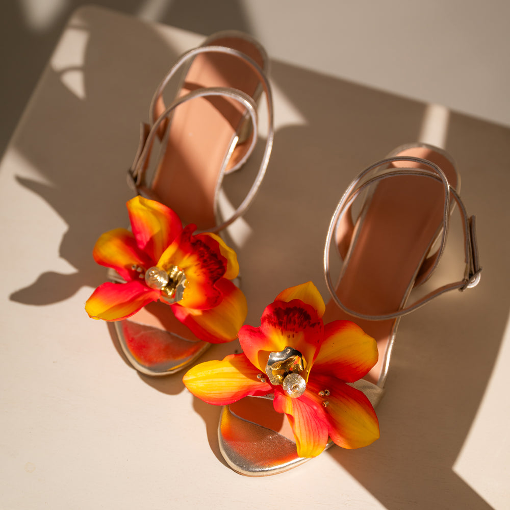 
                  
                    Gold Leather Block Heels with Flower, Orchid
                  
                