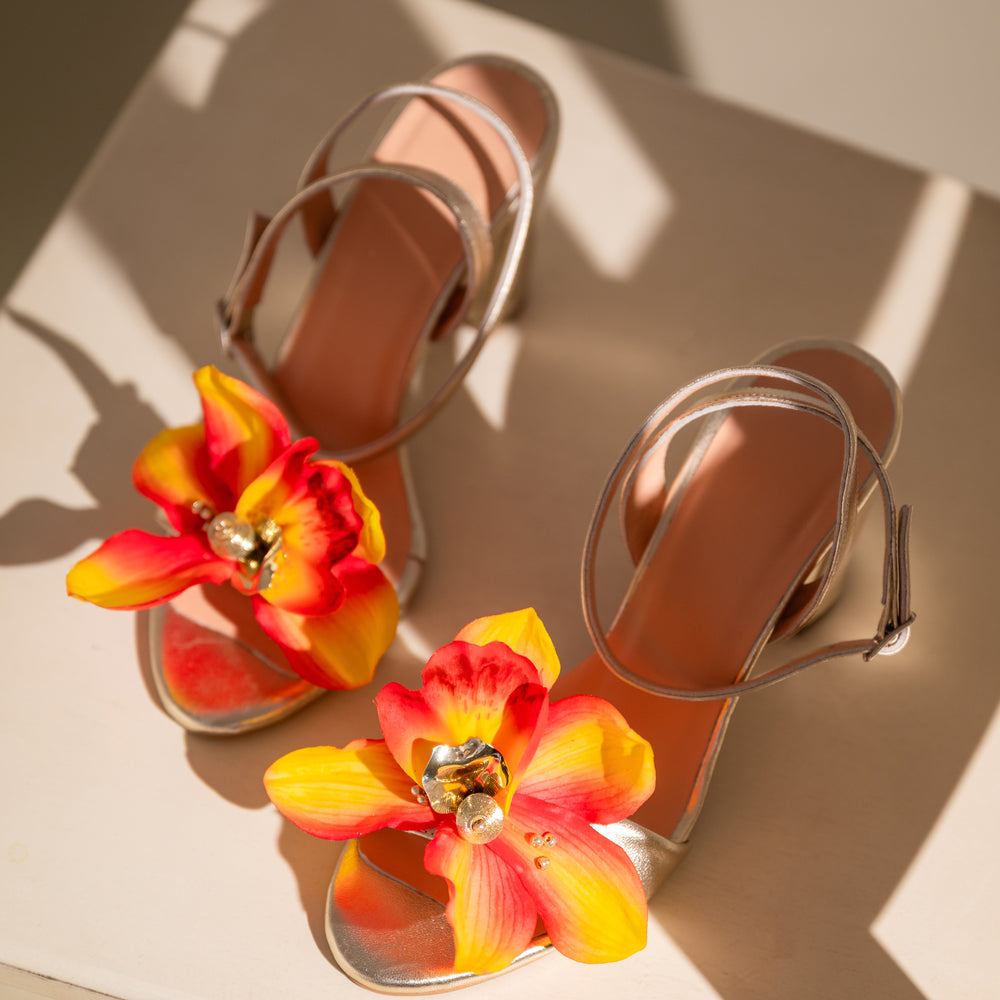 
                  
                    Gold Leather Block Heels with Flower, Orchid
                  
                