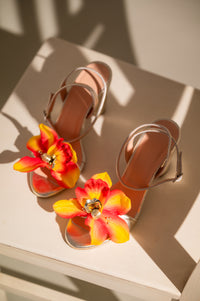 Gold Leather Block Heels with Flower, Orchid