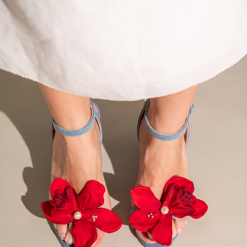 
                  
                    Denim Flower Heels, Orchid
                  
                