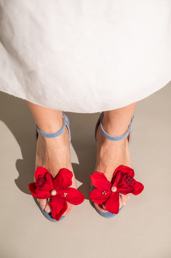 Denim Flower Heels, Orchid