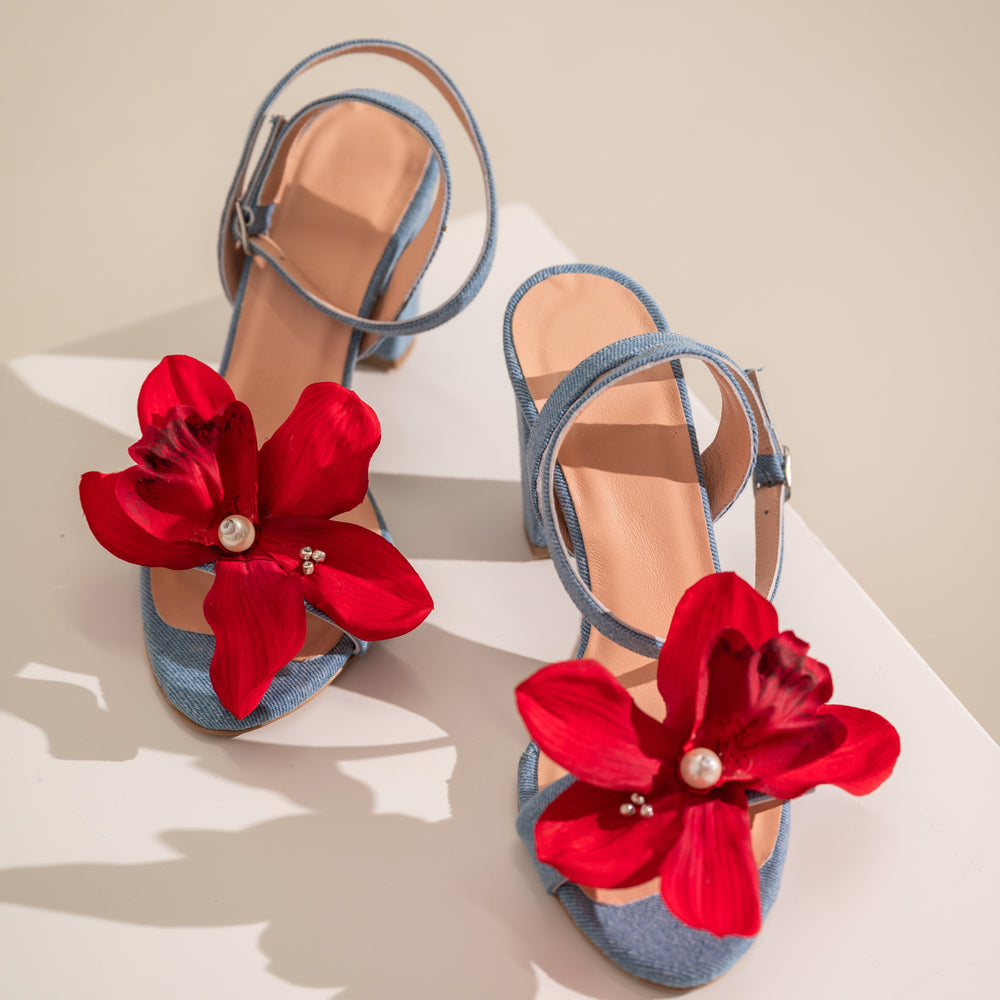 
                  
                    Denim Flower Heels, Orchid
                  
                