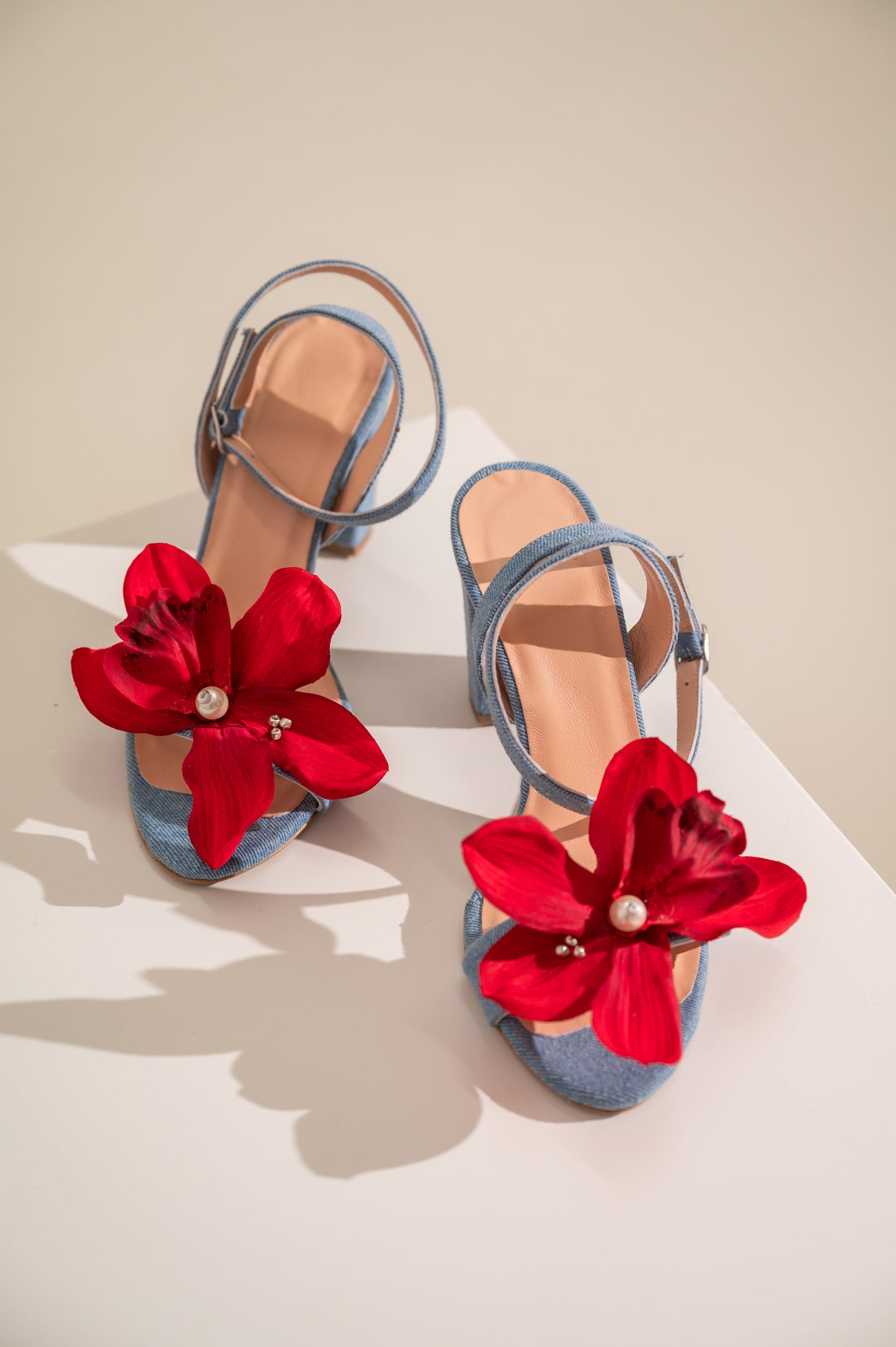 Denim Flower Heels, Orchid