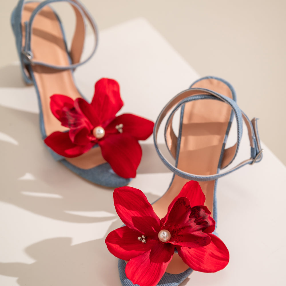 
                  
                    Denim Flower Heels, Orchid
                  
                