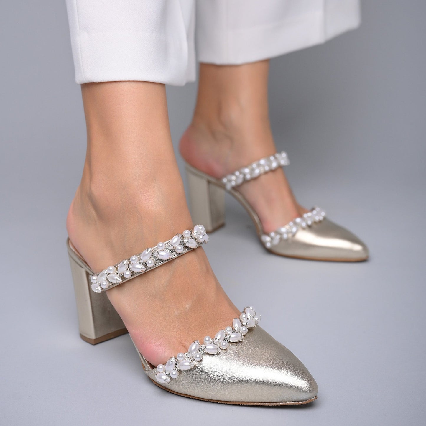Block Heel Wedding Shoes/ White Satin Block Heel Mules, 56% OFF