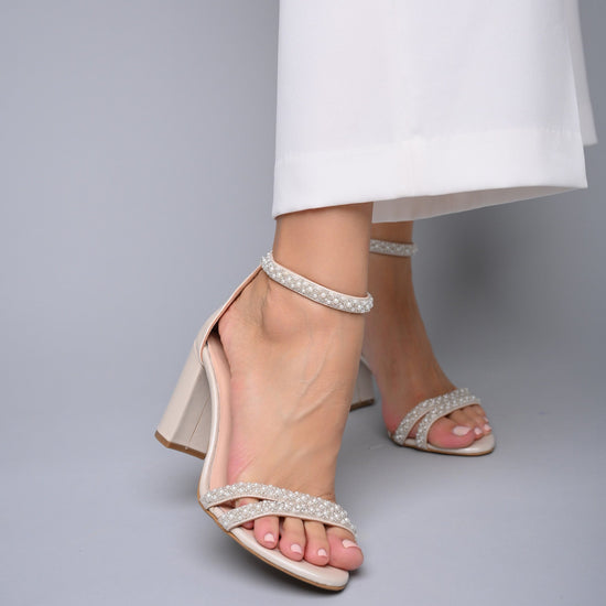 Bella Belle - Molly - Ivory Pearl Block Wedding Heels with Ankle Strap Bow  | The White Collection