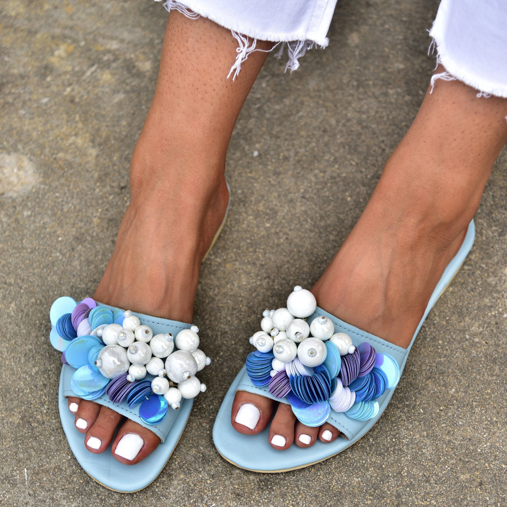 bohemian sandals, blue sandals, slides sandals, slides for women