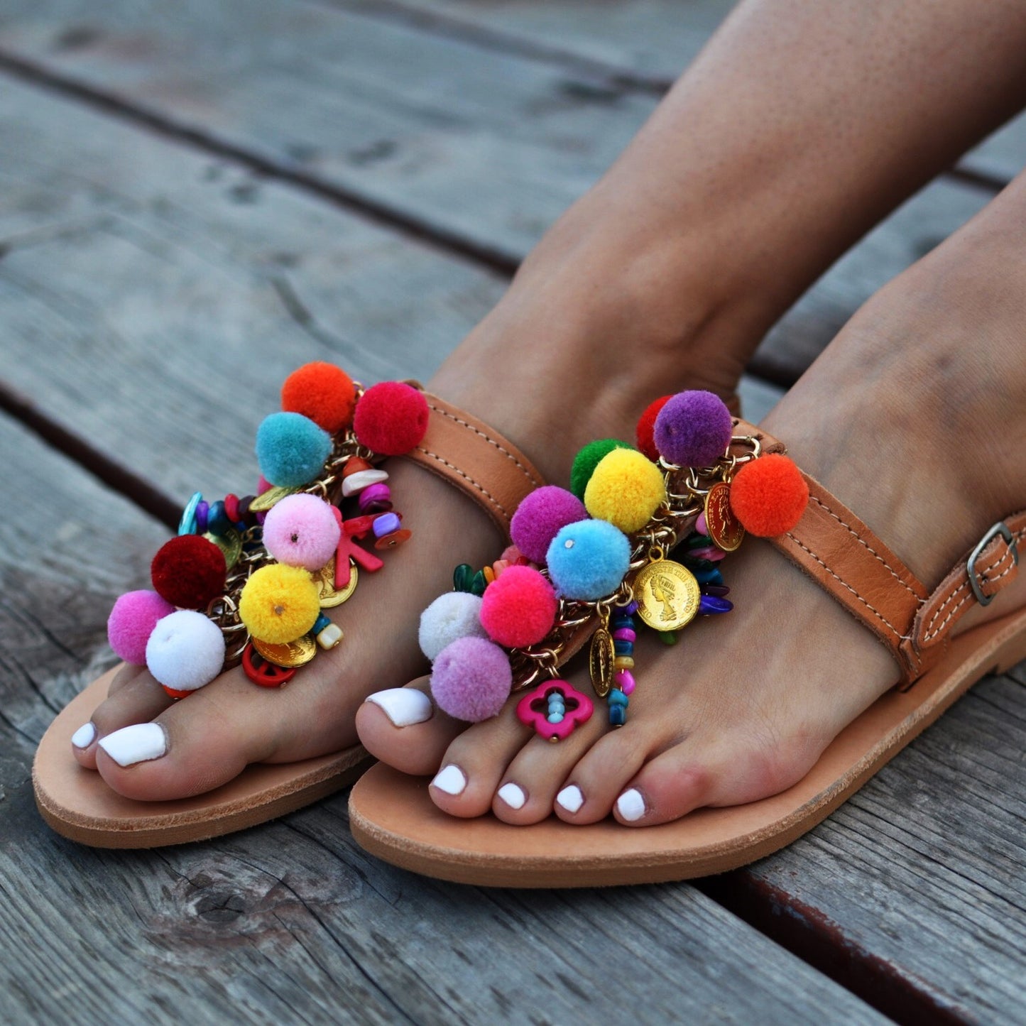pom pom sandals, boho sandals, bohemian sandals, fashion summer shoes 