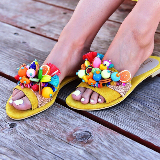 slides for women, leather slides yellow