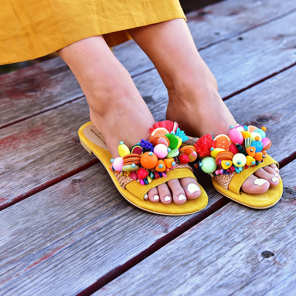 
                  
                    leather bohemian sandals, sandals with fruits
                  
                